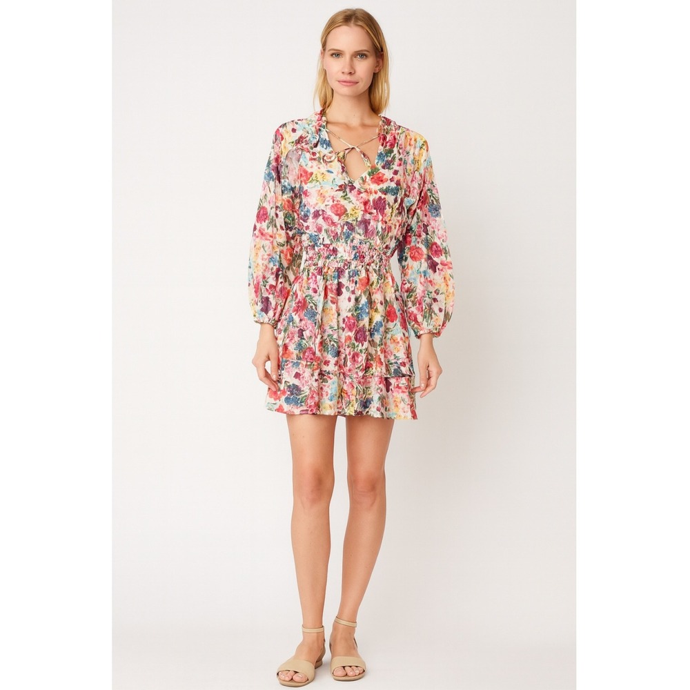 NSR Floral‎ Print Mini Dress Long Sleeve Ruffle Neck Smocked Waist Size S